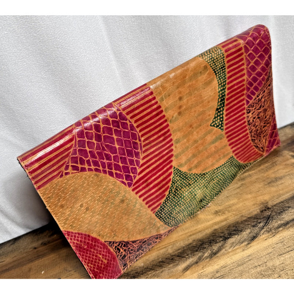 Vintage Leather Patchwork Clutch Envelope Purse Made In India 1980s 1970s Boho - Picture 7 of 9